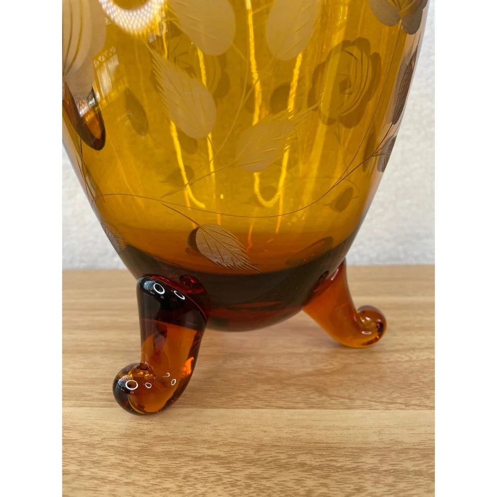 Vintage Amber Glass Pitcher Etched‎ Floral Rose Design 3-Footed Tripod 9.5 Inch